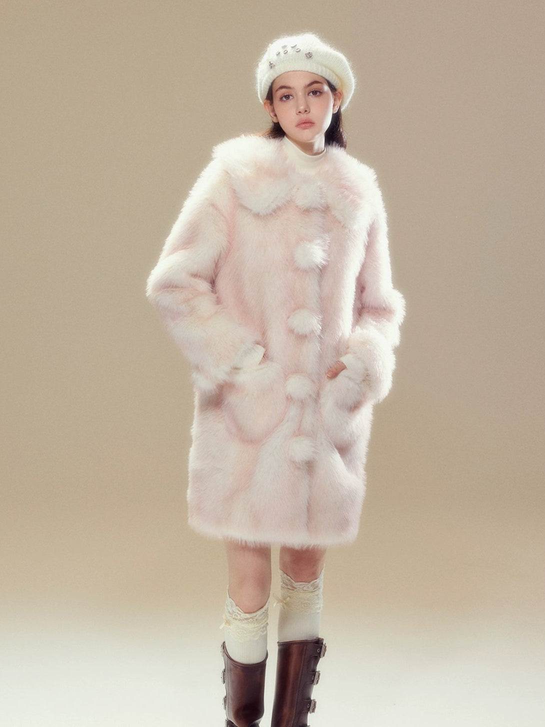 Pink Ombre Doll Collar Long Shearling Coat