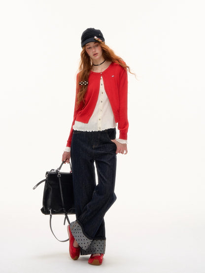 Contrast Cuff Polka Dot Denim Straight-Leg Jeans