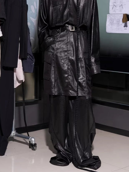 Draped Satin Pleated Wide-Leg Trousers