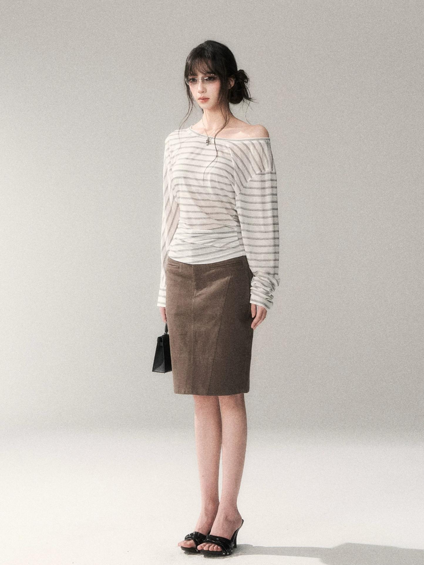 Asymmetric Off-Shoulder Striped Tencel Slim-Fit Long Sleeve Top