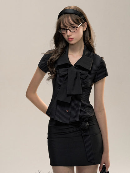 Black Striped Collegiate-style Butterfly Collar Shirt