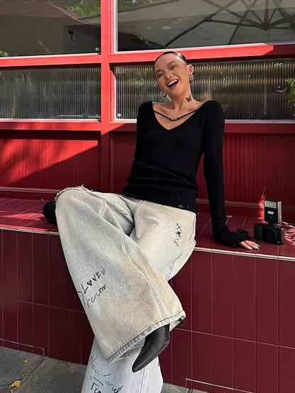 Graffiti Spray-Wash Wide-Leg Denim Jeans