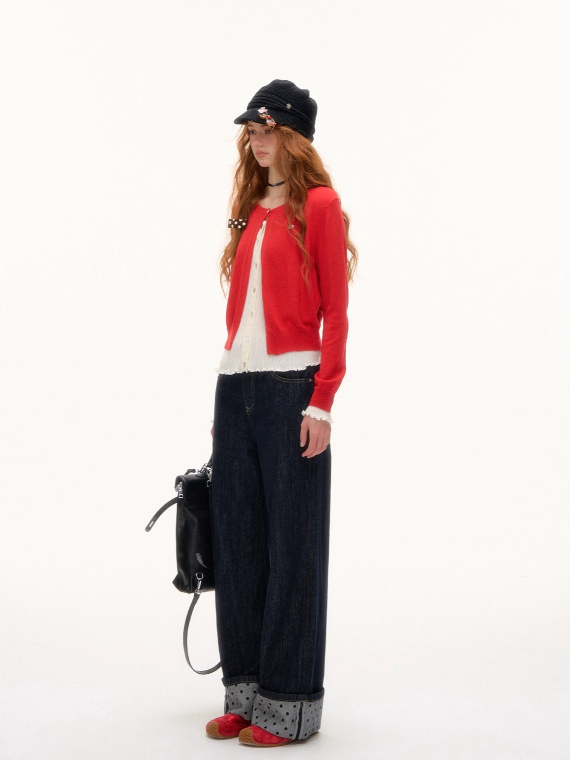 Contrast Cuff Polka Dot Denim Straight-Leg Jeans