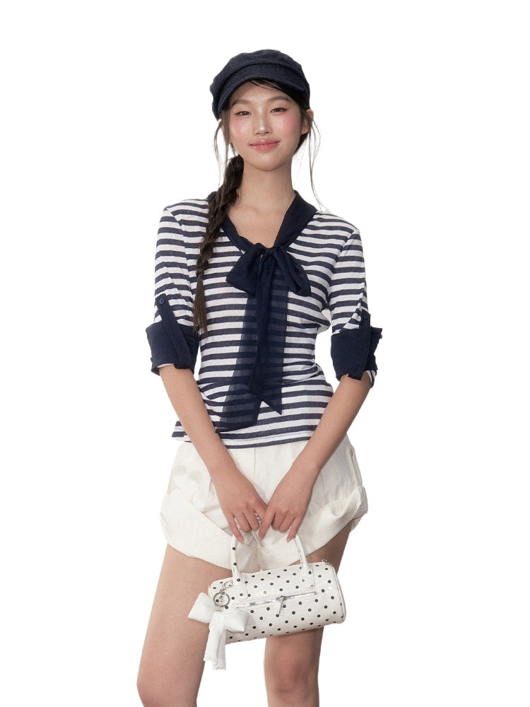 Soote Season Striped Ribbon Cuffed T-shirt - CHINASQUAD