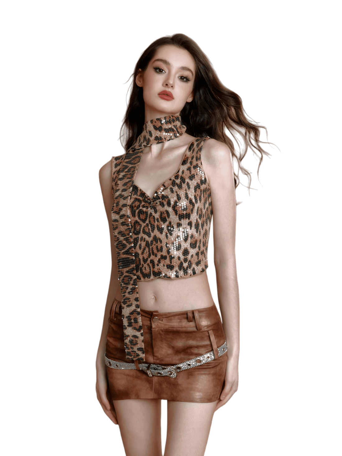 Sequin Leopard Print Slim-Fit Cami Top