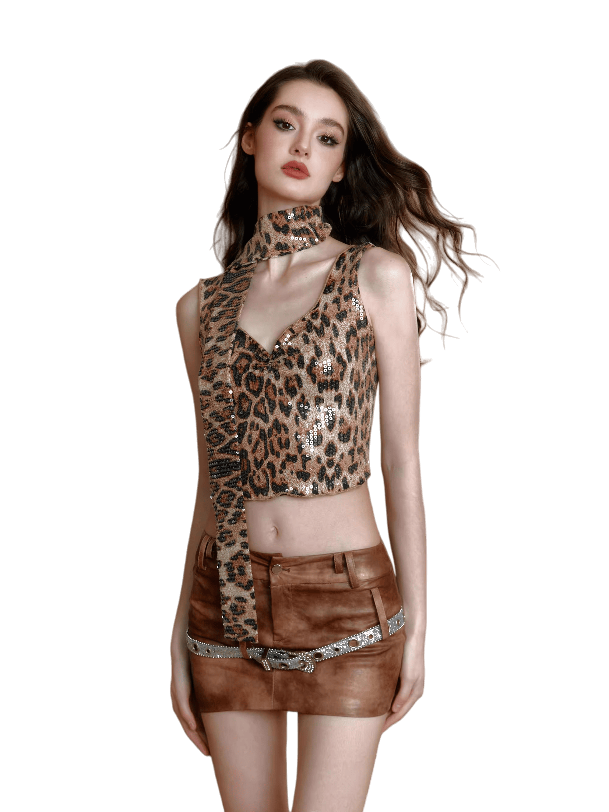 Sequin Leopard Print Slim-Fit Cami Top