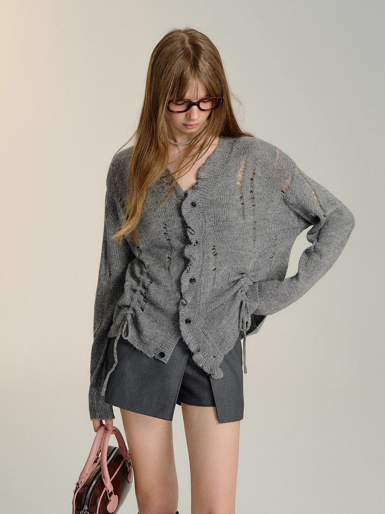 Gray Ruched Knit Cardigan