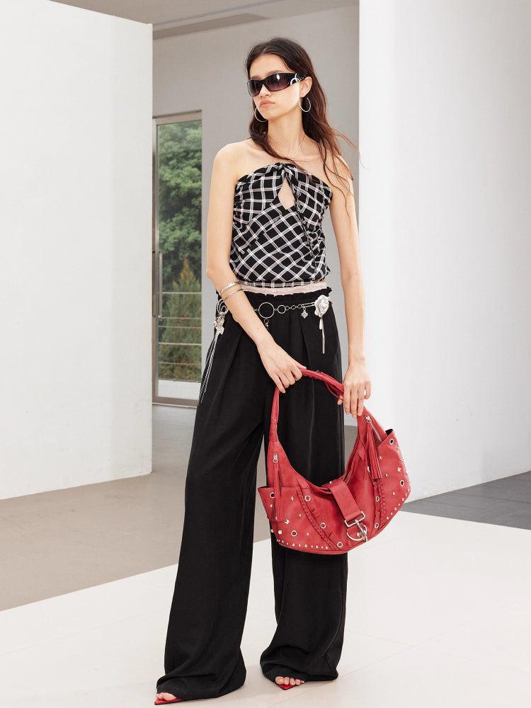 Pearl-Studded Pleated Ruffle Rivet Bag