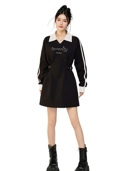 Color-Blocked Waist Cinching Polo V-neck Sweatshirt Dress