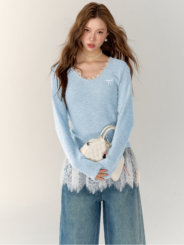 Lace-Trimmed Gray V-Neck Long Sleeve Top