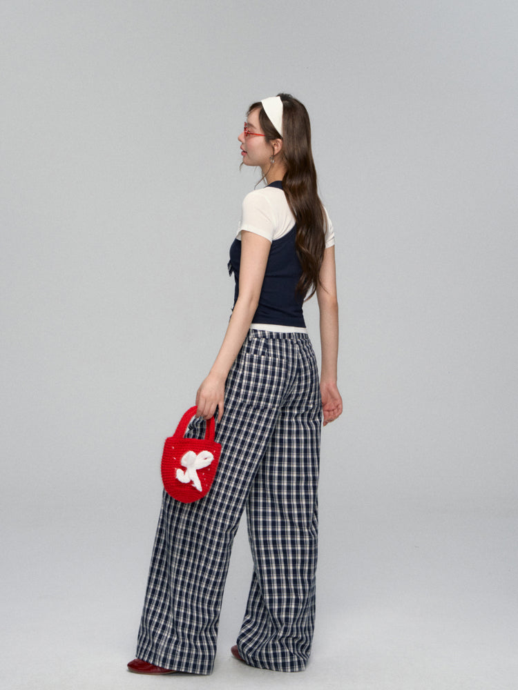 White Waistband Spliced Plaid Trousers