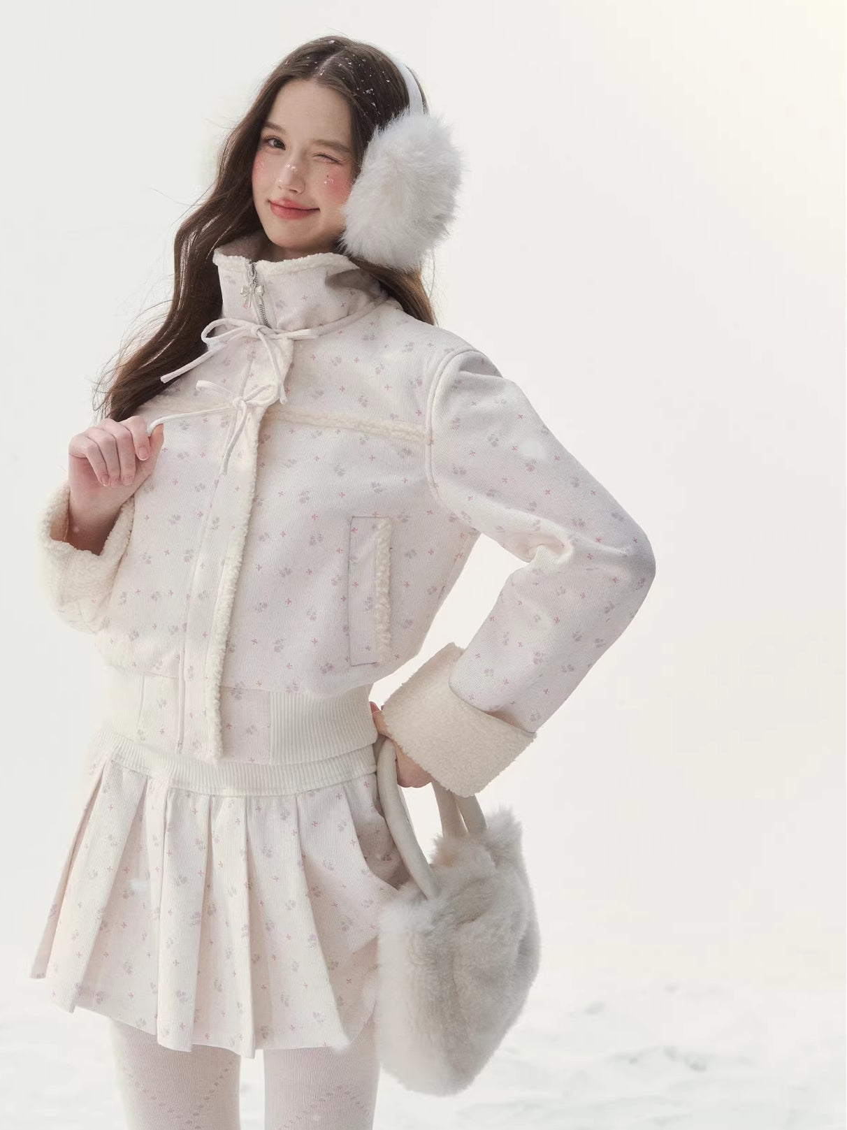 Shearling Patchwork Jacket Pleated Skirt Set