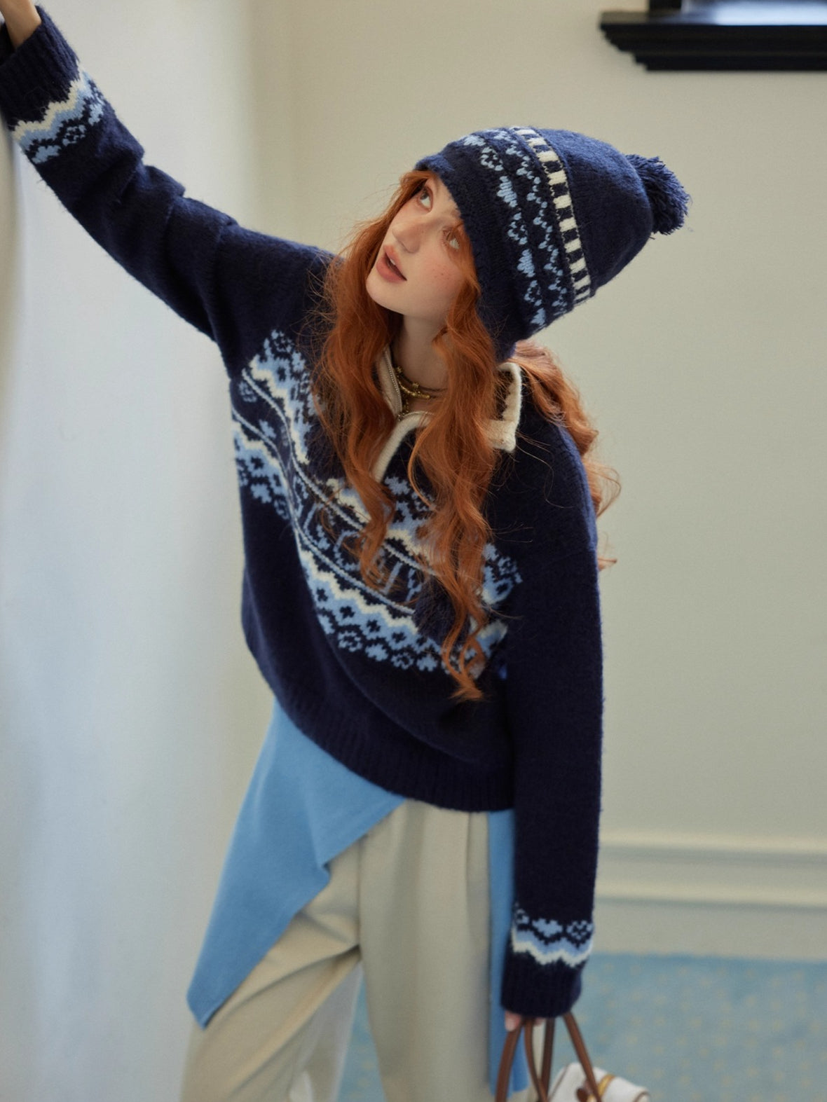 Fair Isle Heart Zip-Up Matching Hat Knit Sweater