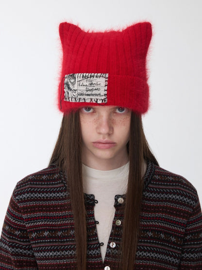 Hand-Stitched Cat-Ear Angora Knit Beanie