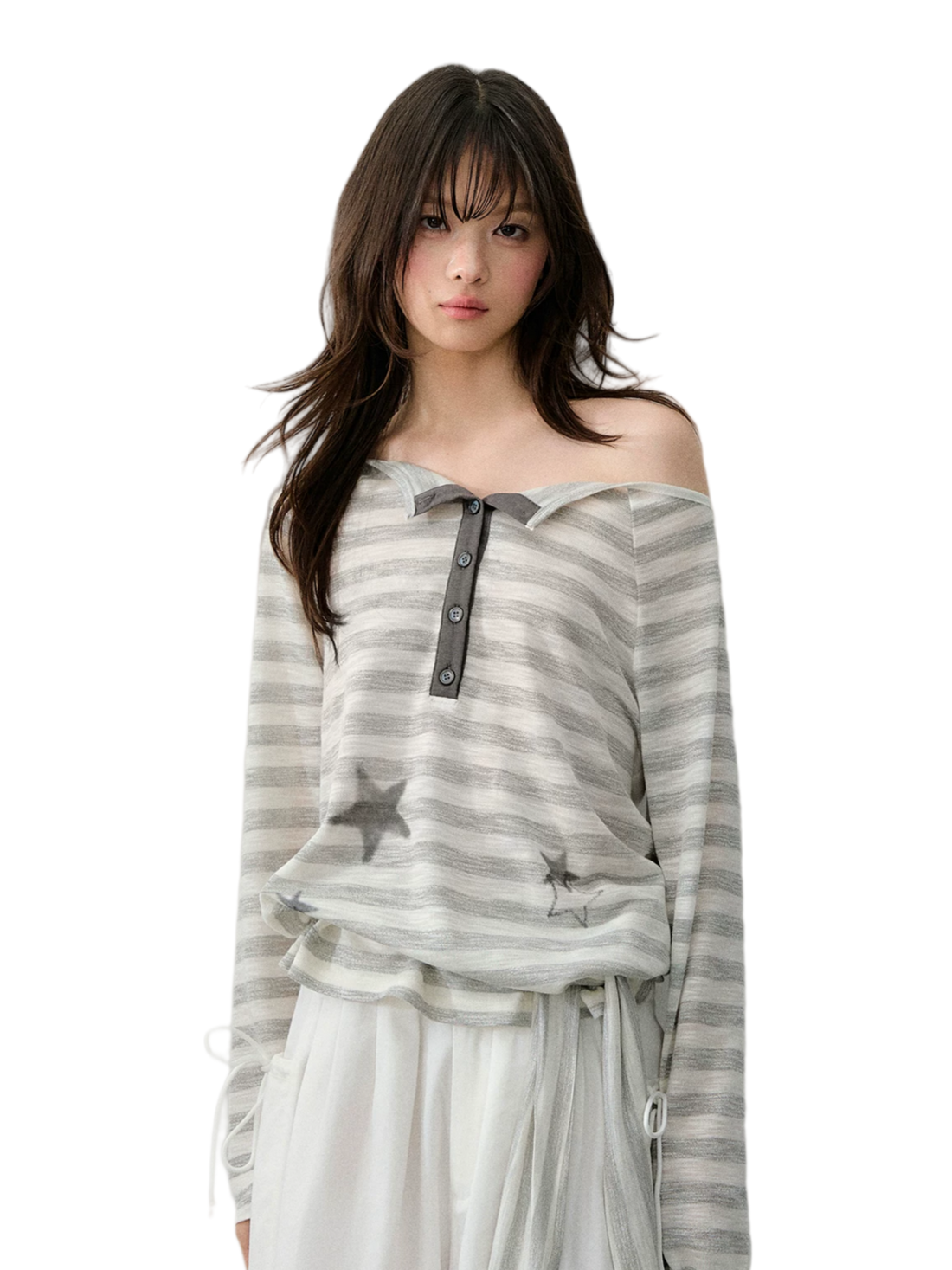 Star Print Off-Shoulder Striped Relaxed Knit Blouse