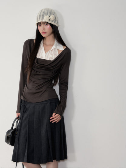 Fake Two-Piece Draped Neck Knit Top - CHINASQUAD
