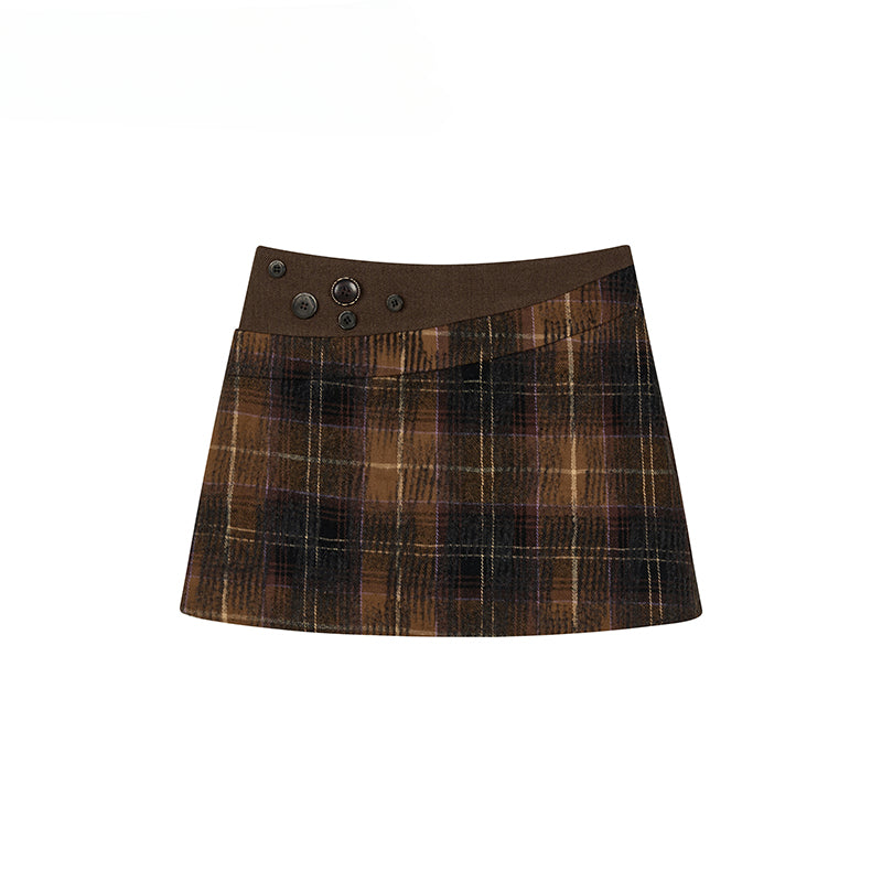 Plaid Button Patchwork A-Line Skirt