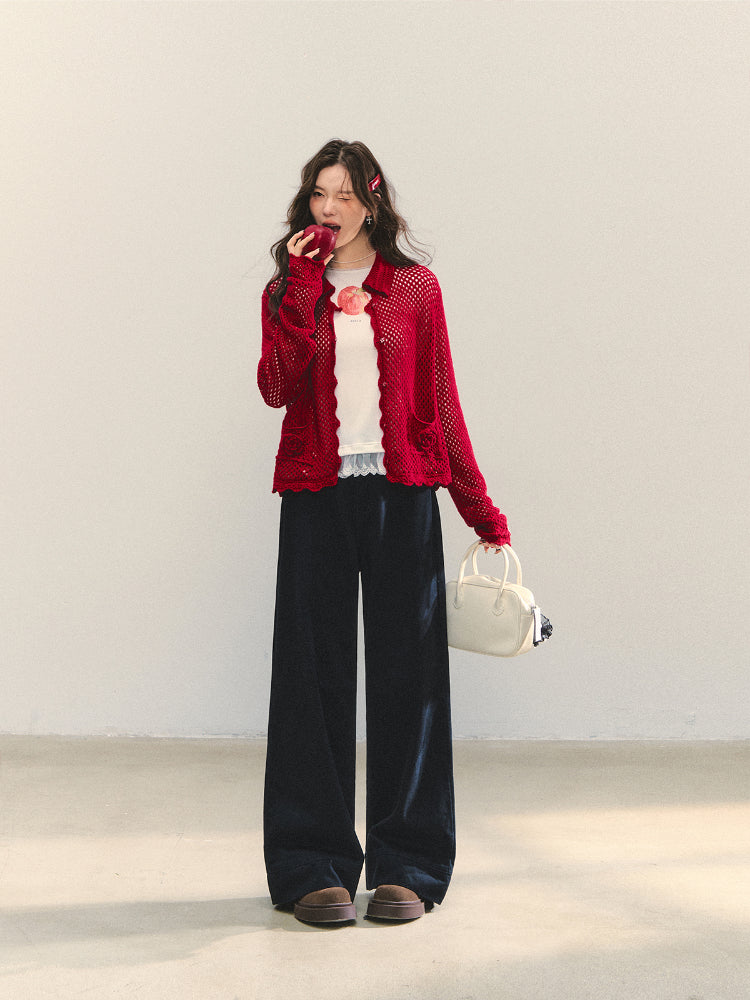 Hollow-out 3D Flower Crochet Lapel Cardigan - CHINASQUAD