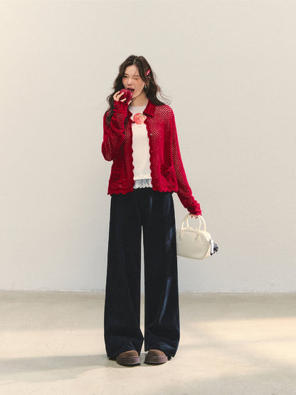 Hollow-out 3D Flower Crochet Lapel Cardigan - CHINASQUAD