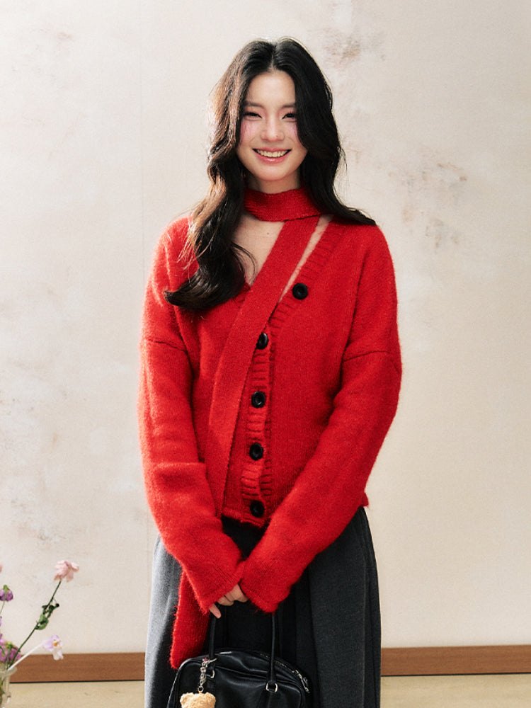 Red Knitted Cardigan Fashion Sweater 