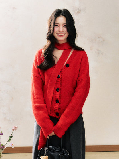 Red Knitted Cardigan Fashion Sweater 