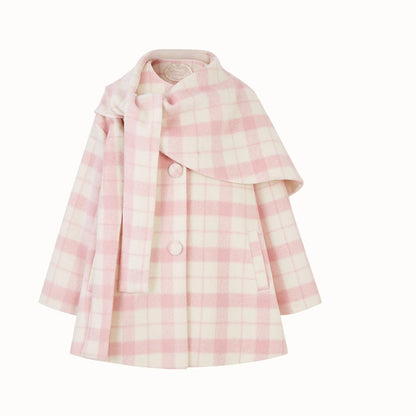 Baby Pink Raspberry Check Wool-Like Cape Coat