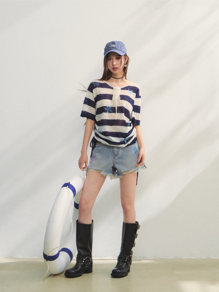 Striped Embroidery Drawstring Tie T-Shirt