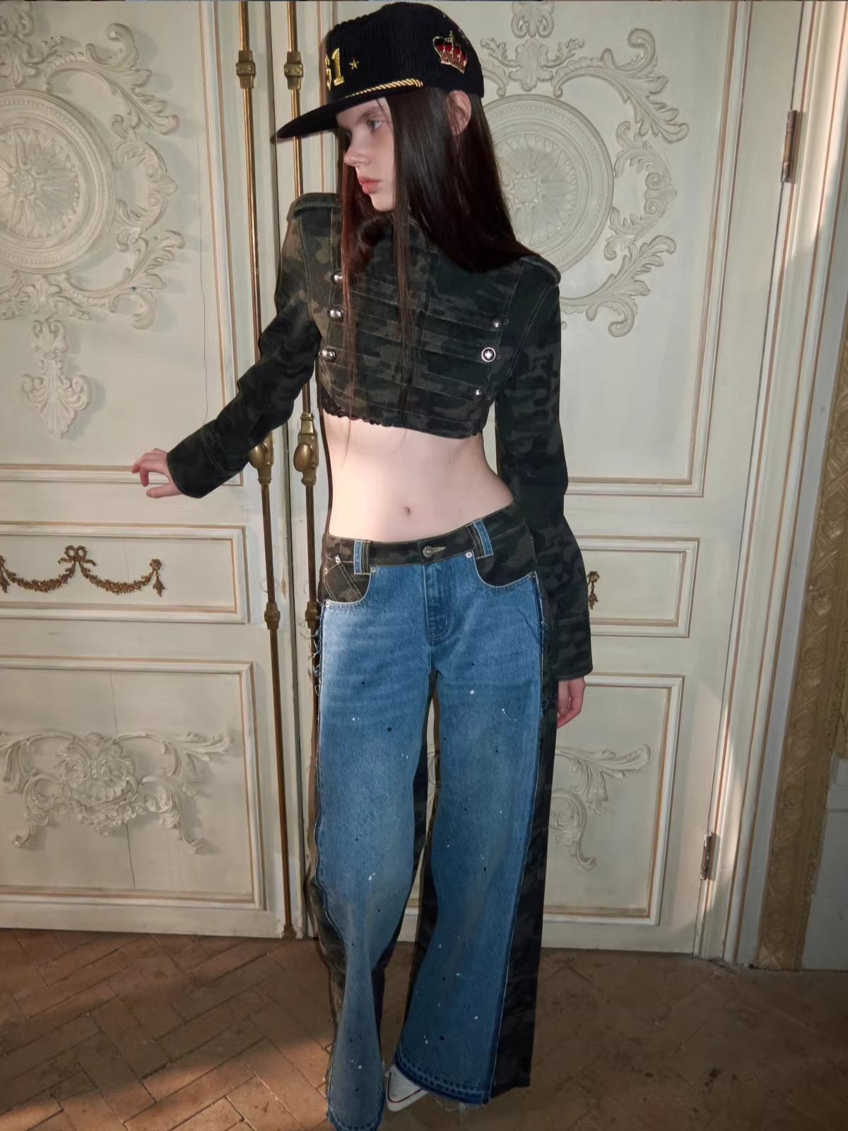 Camouflage Double-Breasted Cropped Jacket &amp; Shorts Set