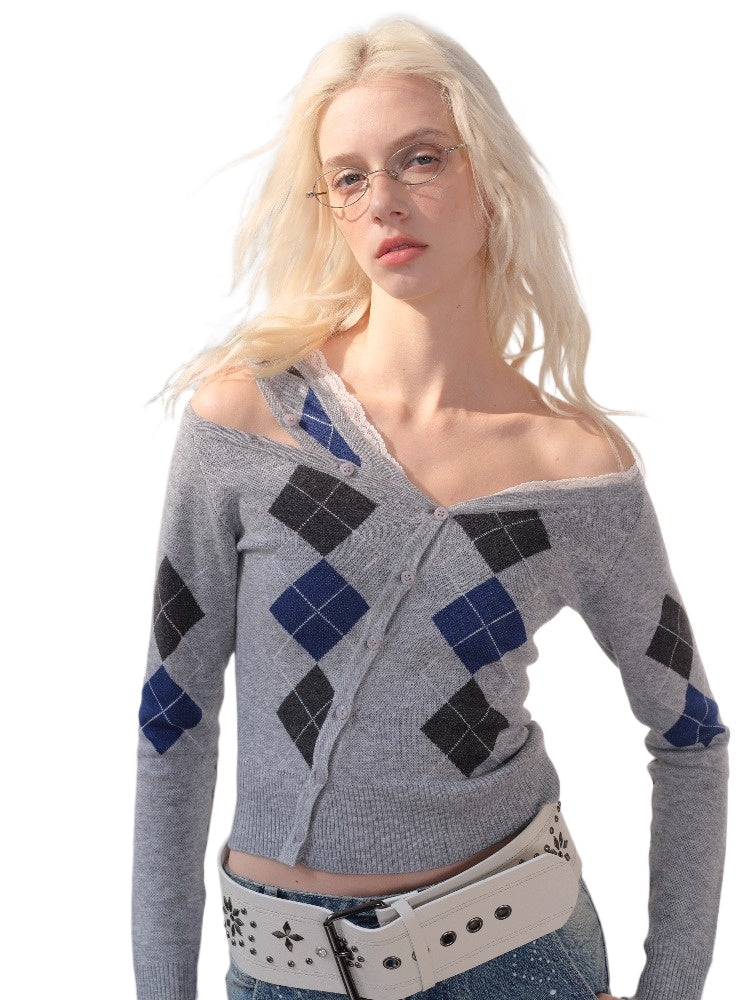 Wool-Blend Argyle Lace Off-Shoulder Knit Cardigan