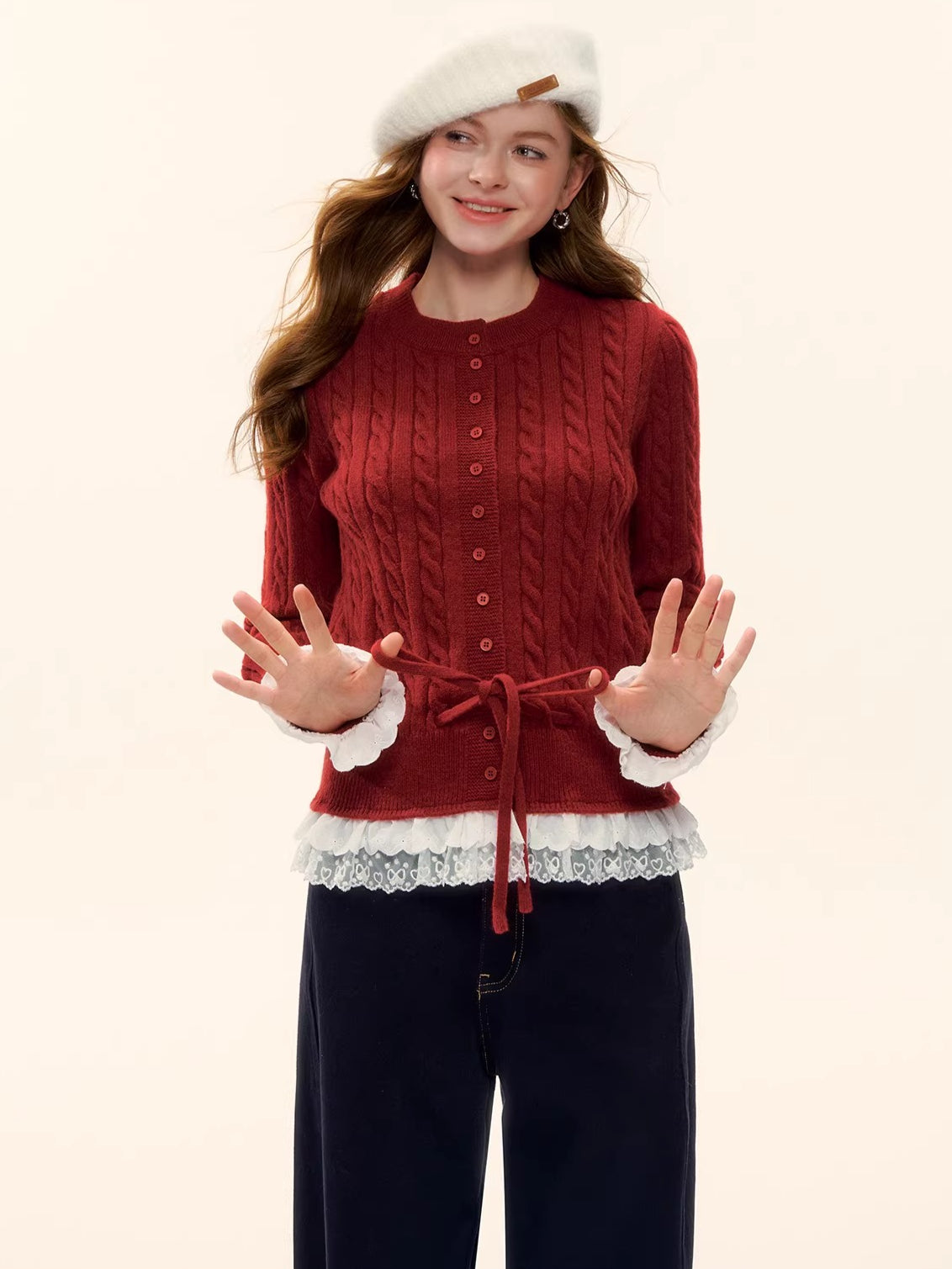 Cable Knit Lace-Hem Drawstring Sweater