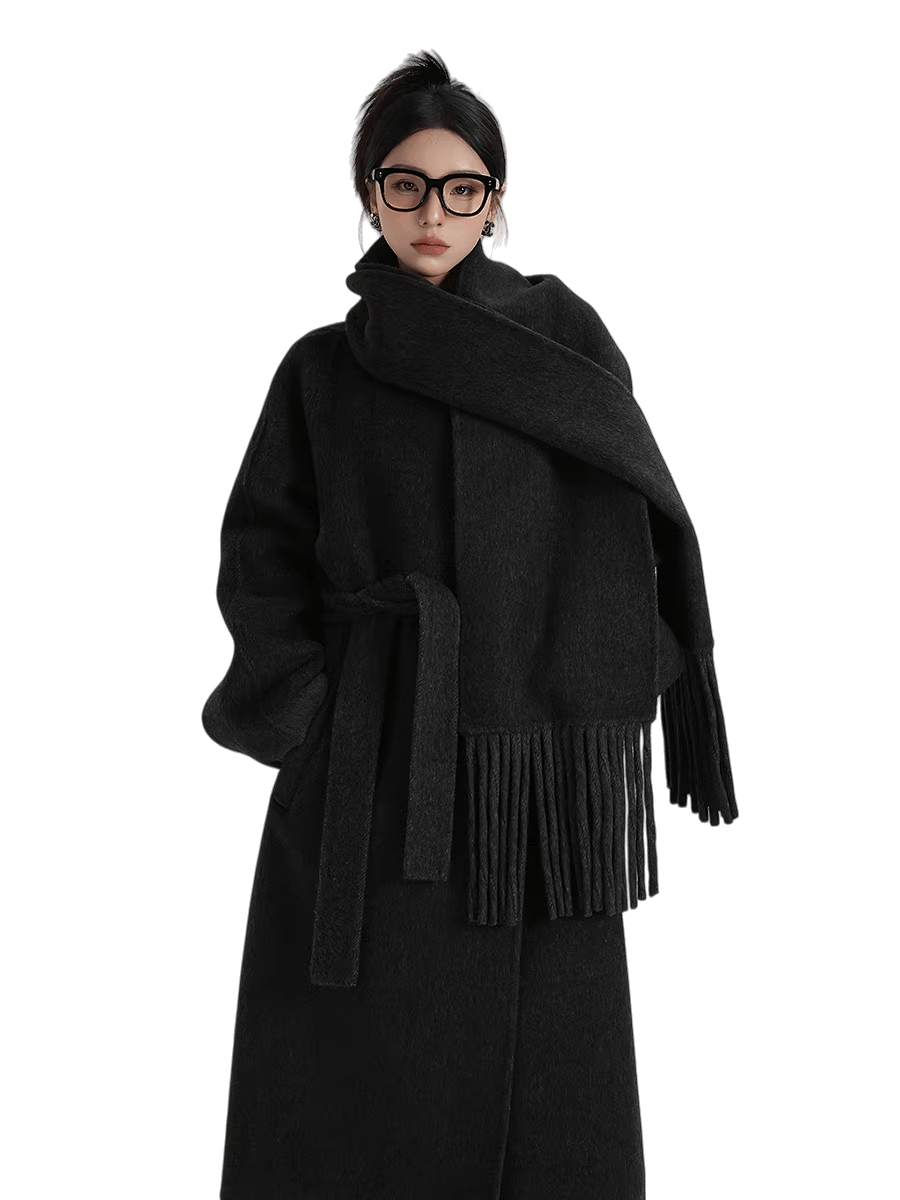 Fringe-Detail Wool Scarf-Style Long Coat