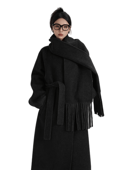 Fringe-Detail Wool Scarf-Style Long Coat
