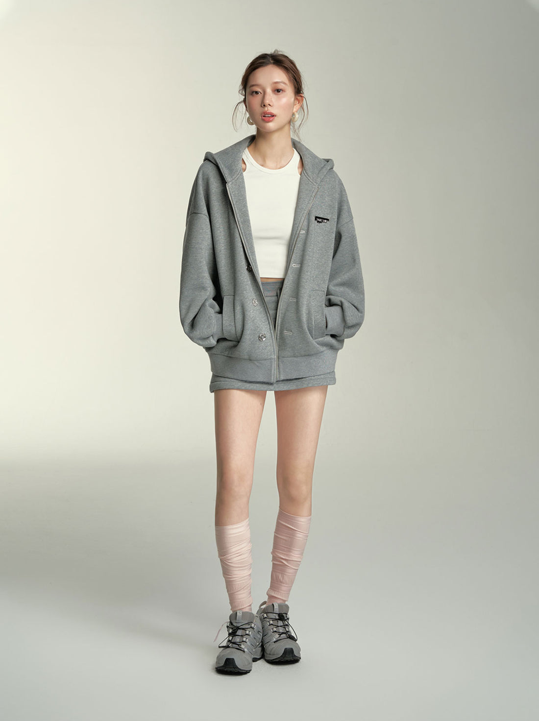 Grey Button-Up Hooded Sweatshirt &amp; Skirt Set - CHINASQUAD