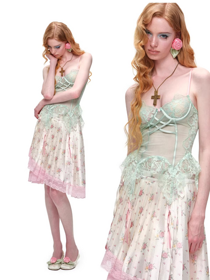 Sheer Lace Corset Suspender Camisole