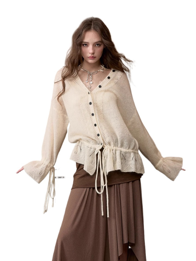 Drawstring Openwork Wool Knit Cardigan