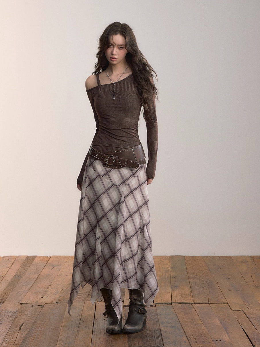 Irregular Hem Plaid Midi Skirt