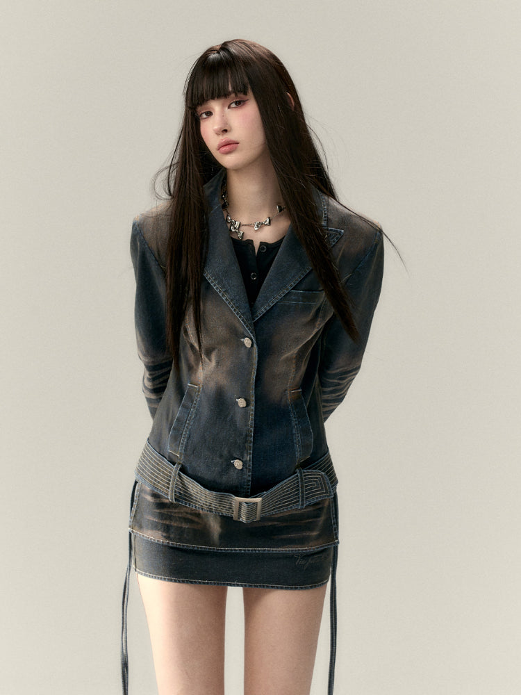 Wide Waist Belt Denim Blazer - CHINASQUAD