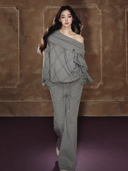 Off-Shoulder Sweatshirt &amp; Flared Wide-Leg Sweatpants Set