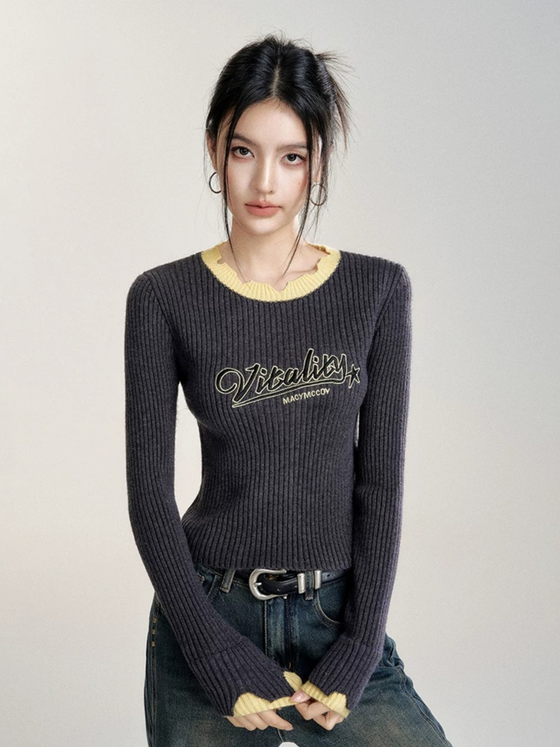 Gray Contrast Color Layered Knit Top