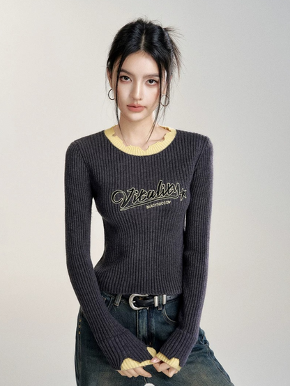 Gray Contrast Color Layered Knit Top