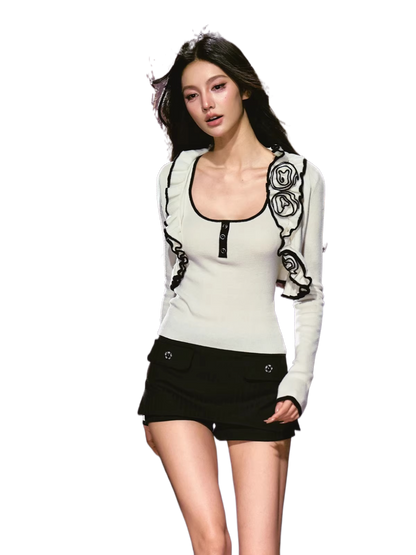 Color-block Rose Cardigan &amp; Racerback Vest Set