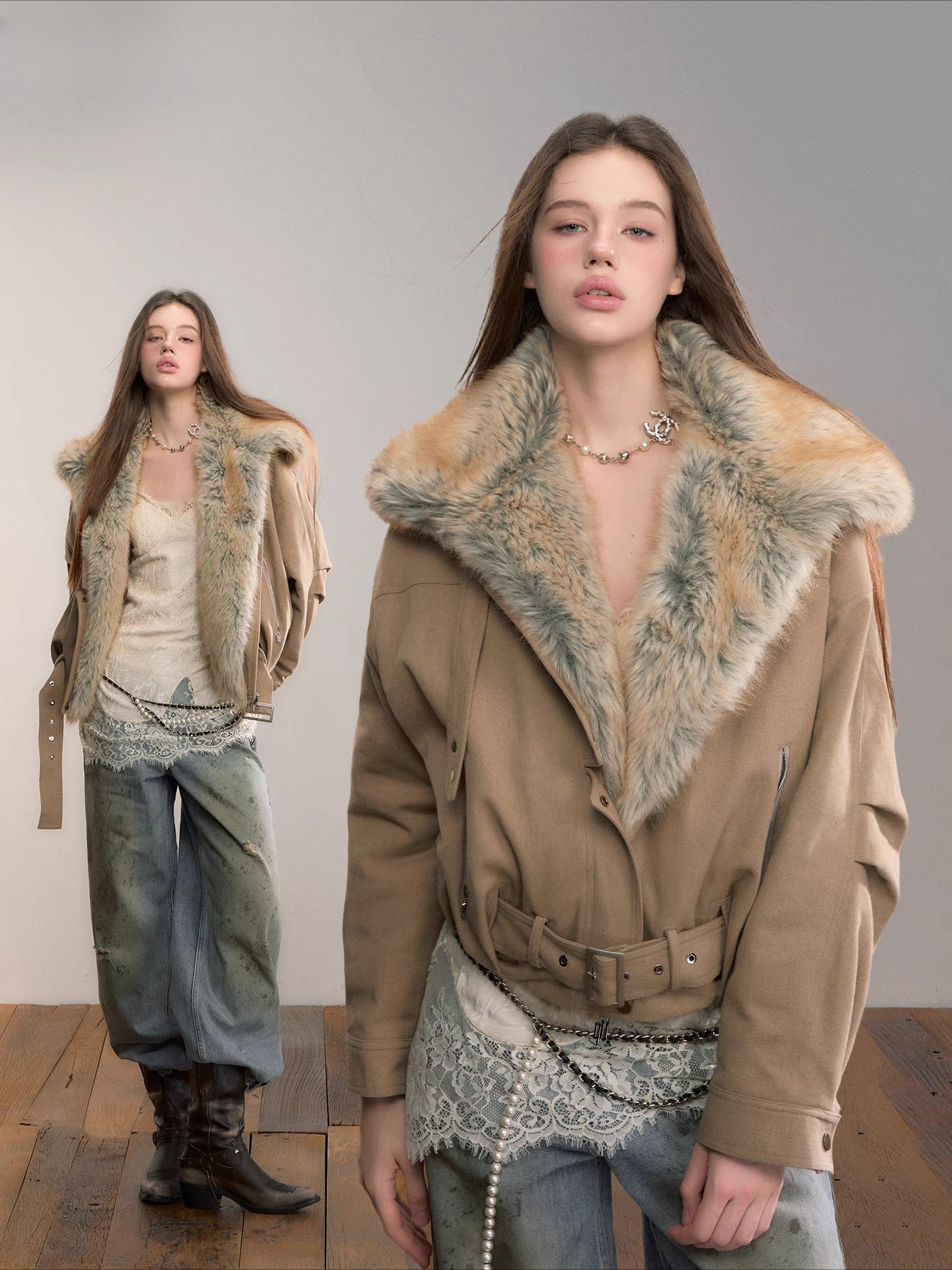 Detachable Gradient Faux Fur Padded Jacket