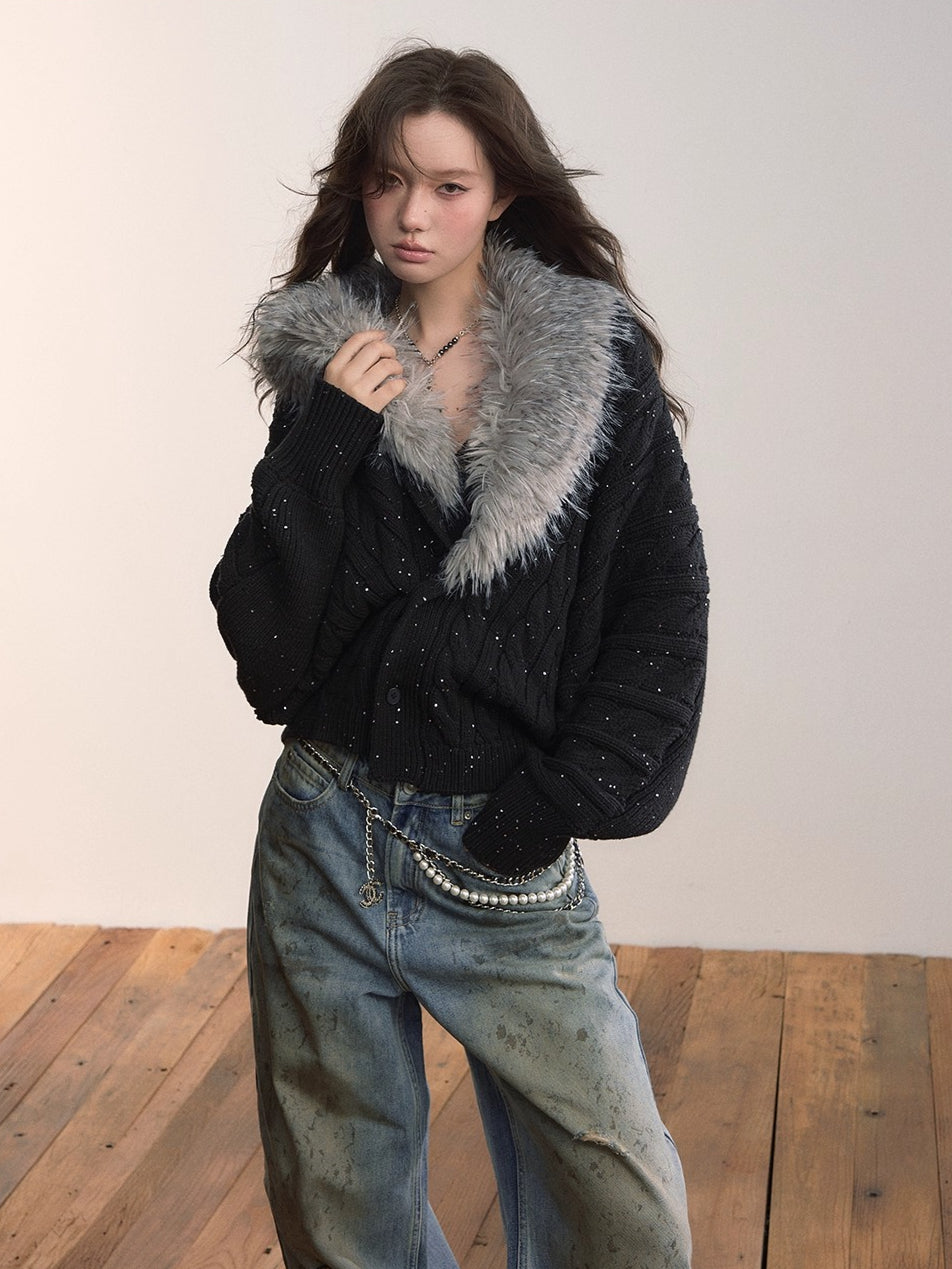 Detachable Faux Fur Collar Knit Cardigan