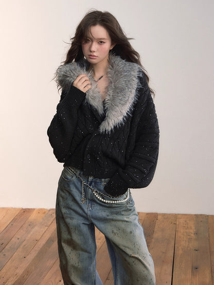 Detachable Faux Fur Collar Knit Cardigan