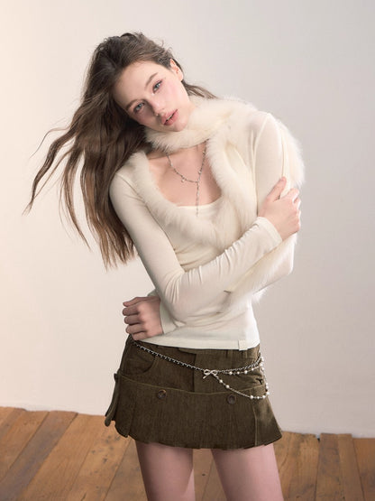 Fox Fur Scarf Trim Two-Piece Knitwear