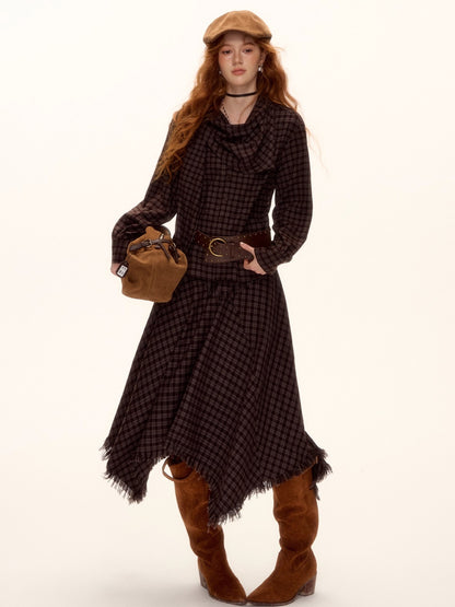 Frayed Hem Plaid Studded Belt Asymmetric A-Line Midi Skirt