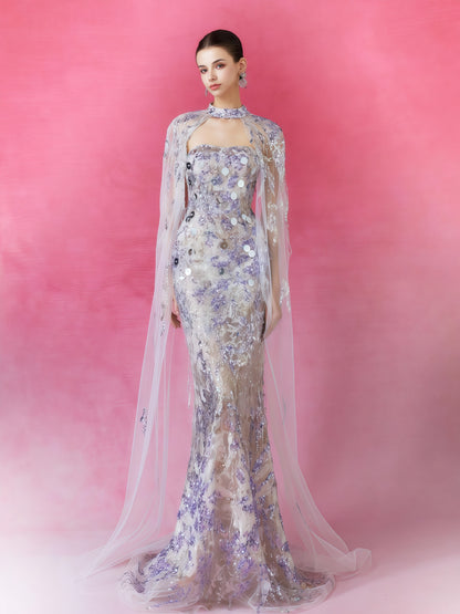 Iridescent Sequin Illusion Cape Mermaid Gown