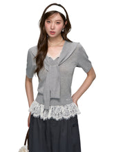 Lace Spliced V-Neck Knitted T-Shirt - CHINASQUAD