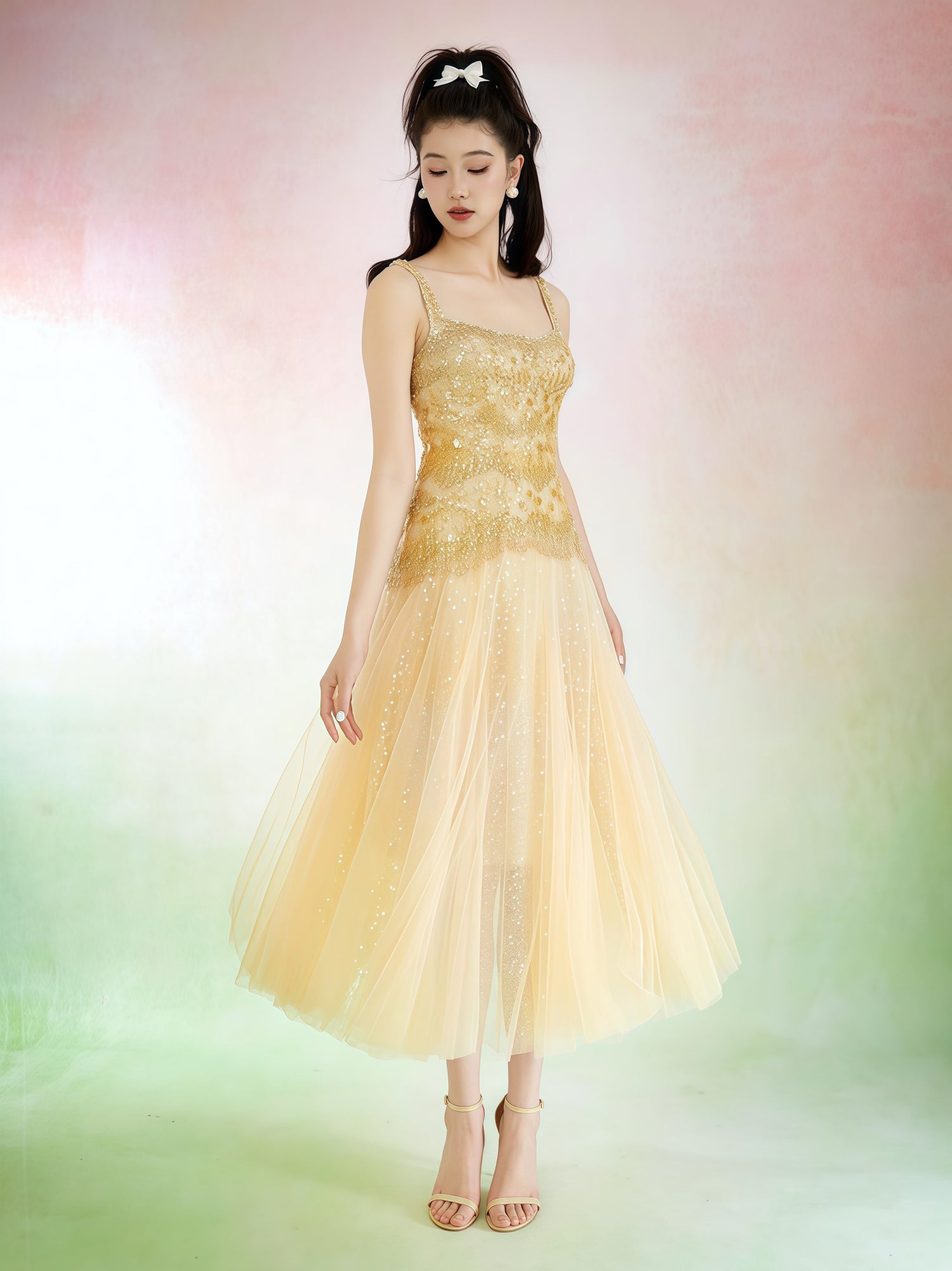 Golden Sequin Strap Midi Tulle Dress