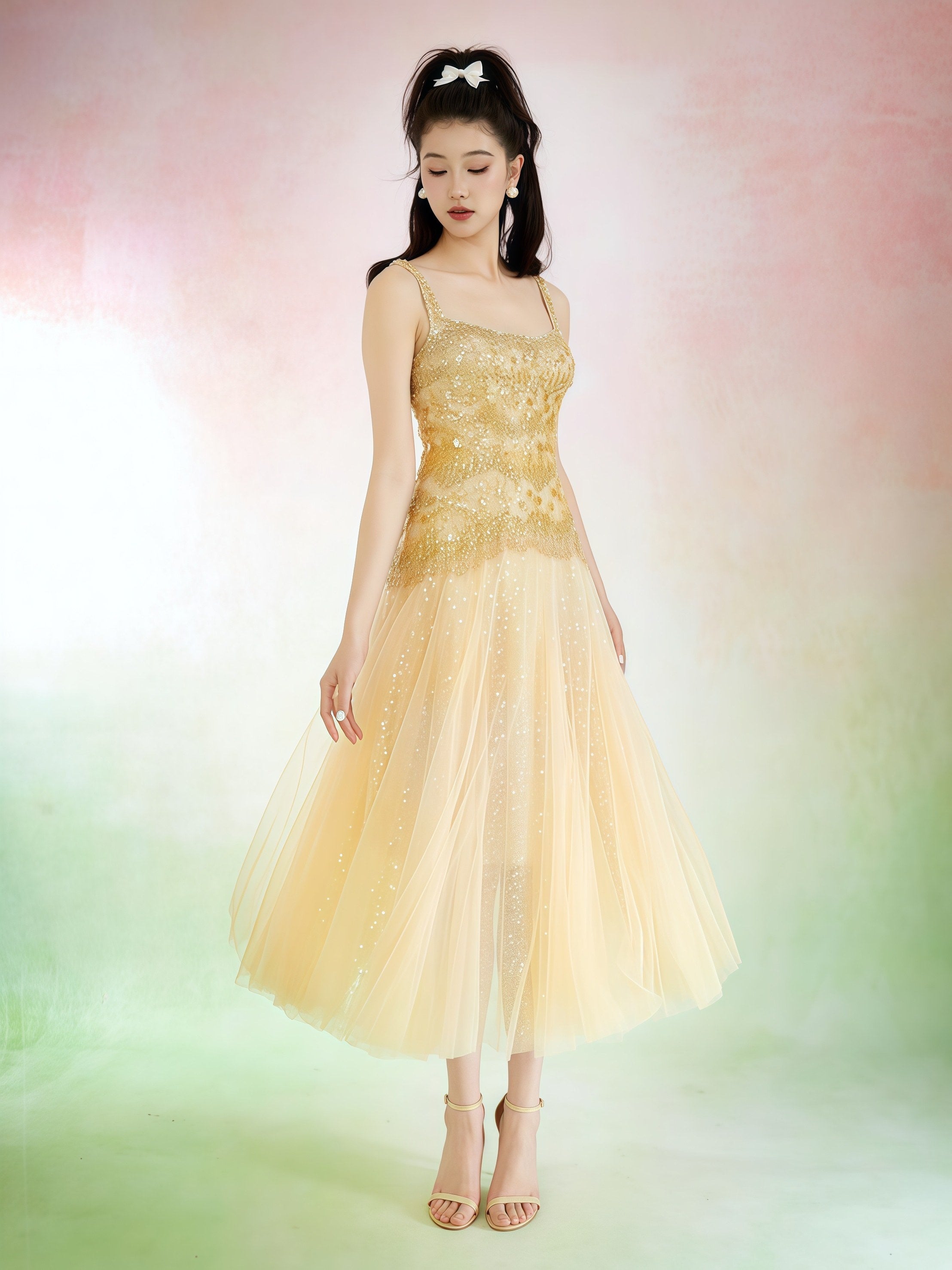 Golden Sequin Strap Midi Tulle Dress